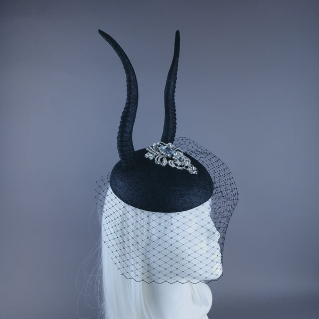 "Cernunnos" Black Glitter Horn & Veil Fascinator Hat