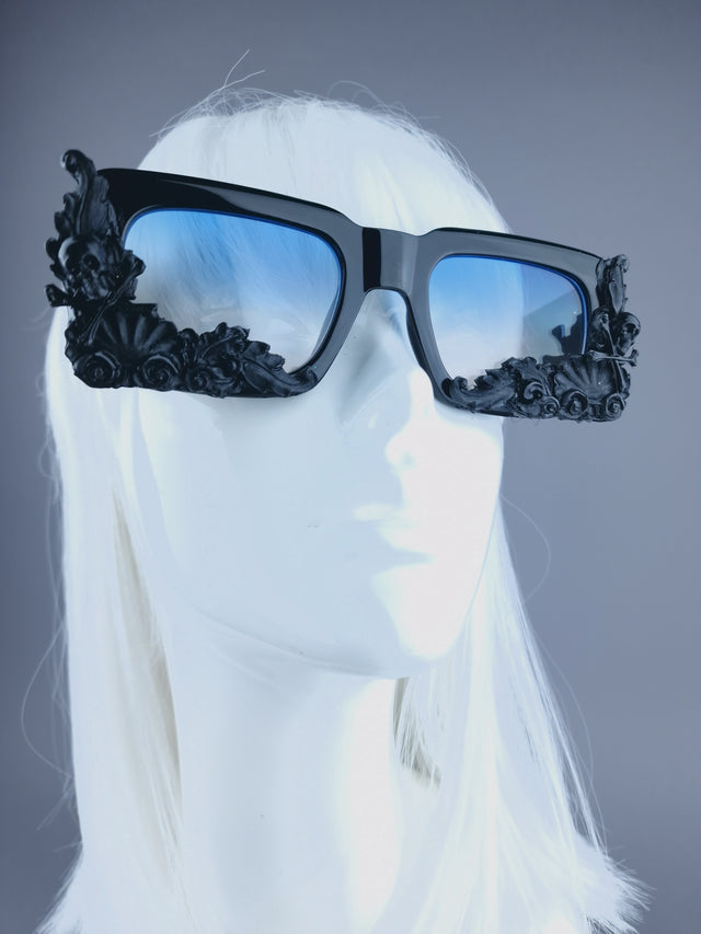 Pearls & Swine: Black Statement Unisex Sunglasses with Filigree & Skull "Poe"