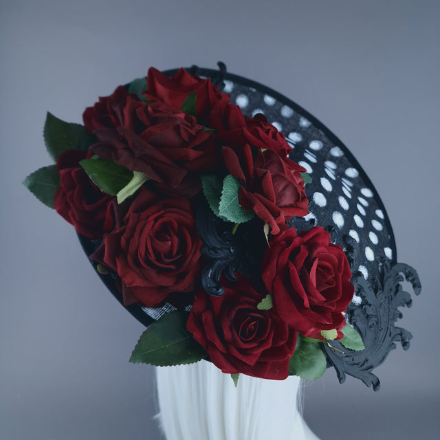"Alaric" Red Roses, Filigree Black & White Polka Dot Fascinator Hat
