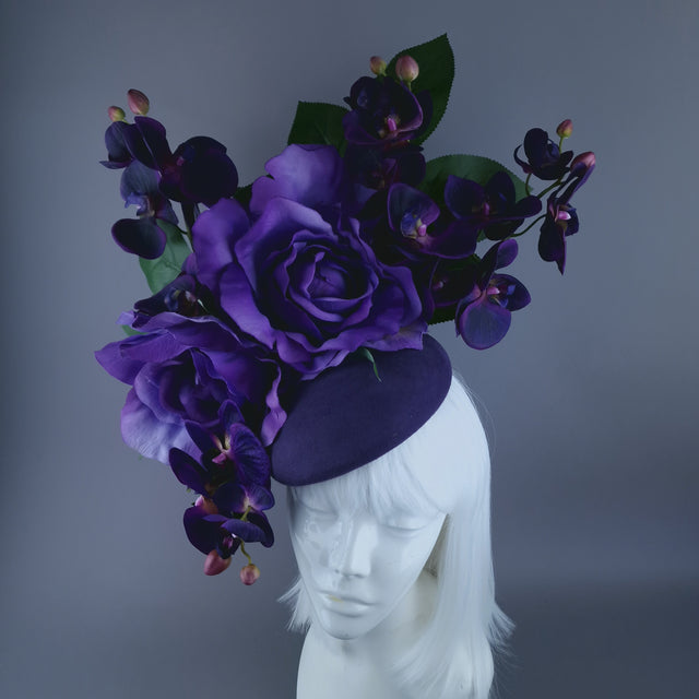 "Amoret" Purple Giant Rose & Orchid Fascinator Hat