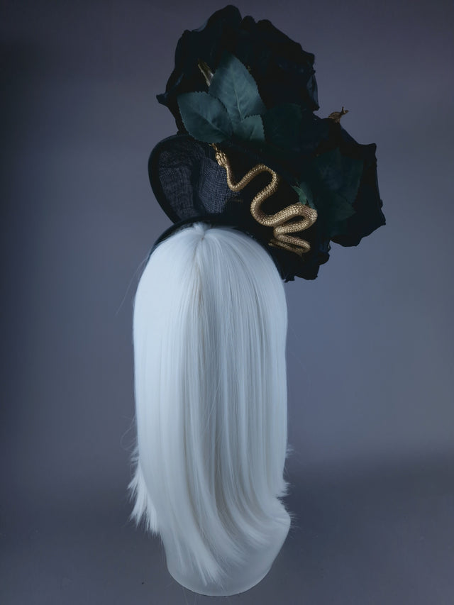 "Serpentt" Black Rose, Gold Snake & Pearl Fascinator Hat
