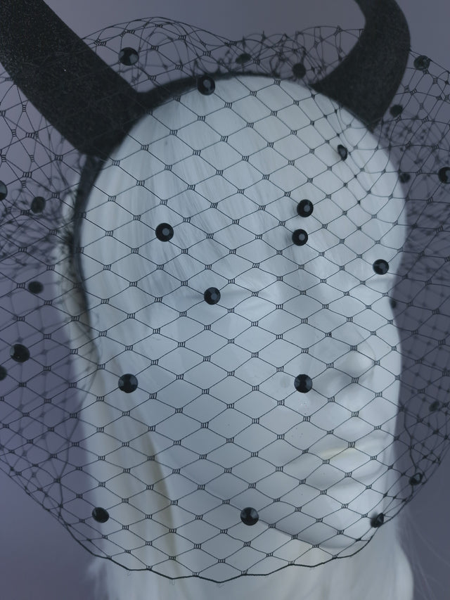 Pearls & Swine: Large Black Glitter Devil Horn Veil Headpiece "Hot Stuff"