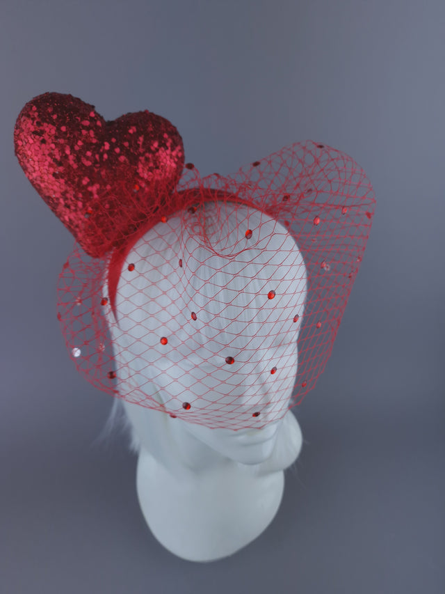 "Diletta" Red Glitter Heart Veil Headdress