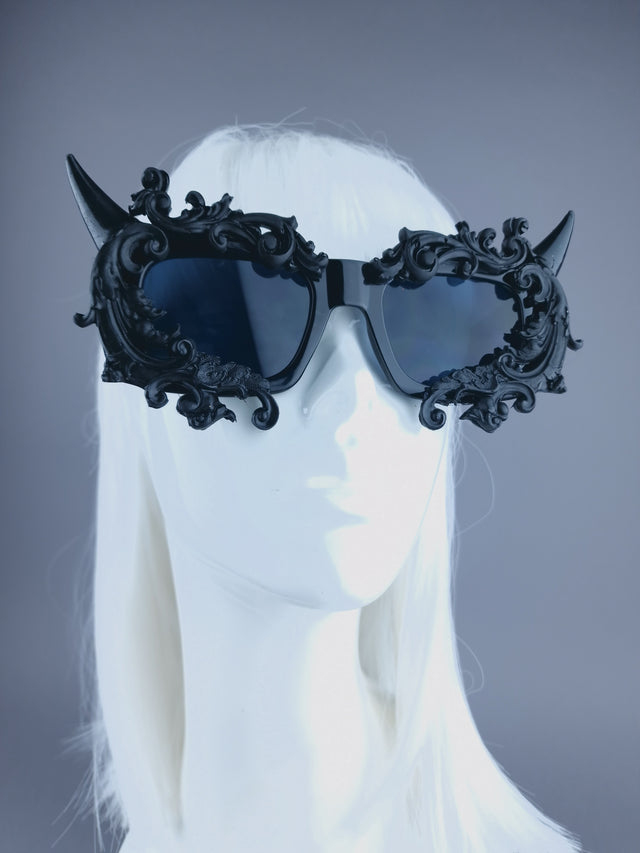 "Superbeast" Unisex Black Filigree Ornate Devil Horn Sunglasses