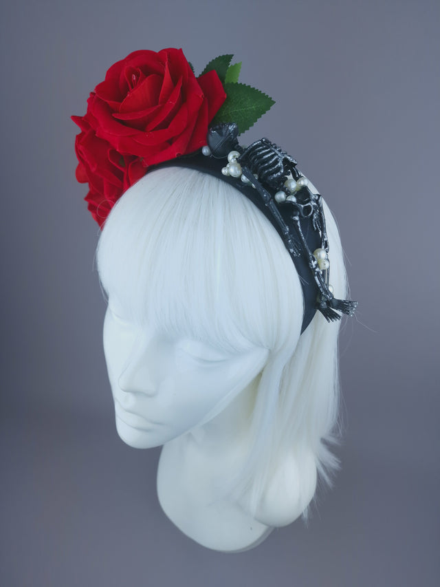 Pearls & Swine: Red Rose, Pearls & Skeleton Headband Headpiece "Buried"