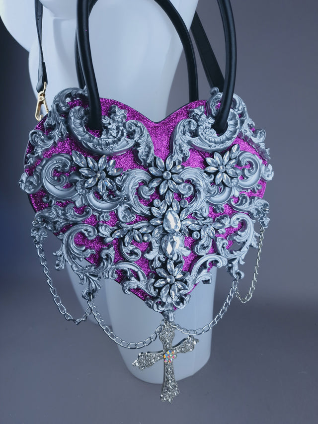 "Beltia" Silver Filigree & Pink Glitter Heart Shaped Handbag
