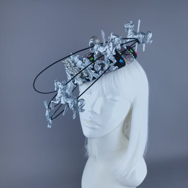 "Cirque Forever" Black, Silver & Colourful Circus Carousel Wired Veil Hat