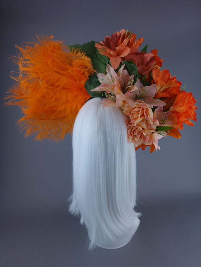"Rise" Orange Flower & Feather Headdress