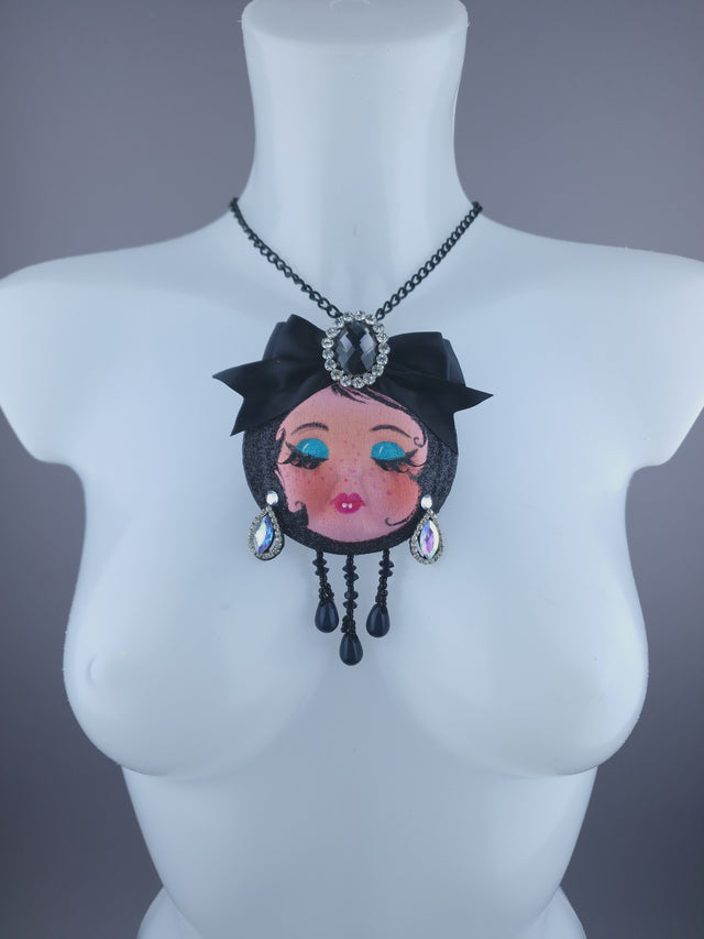 Dollface & Blinking Eye Necklace Brooch Jewellery