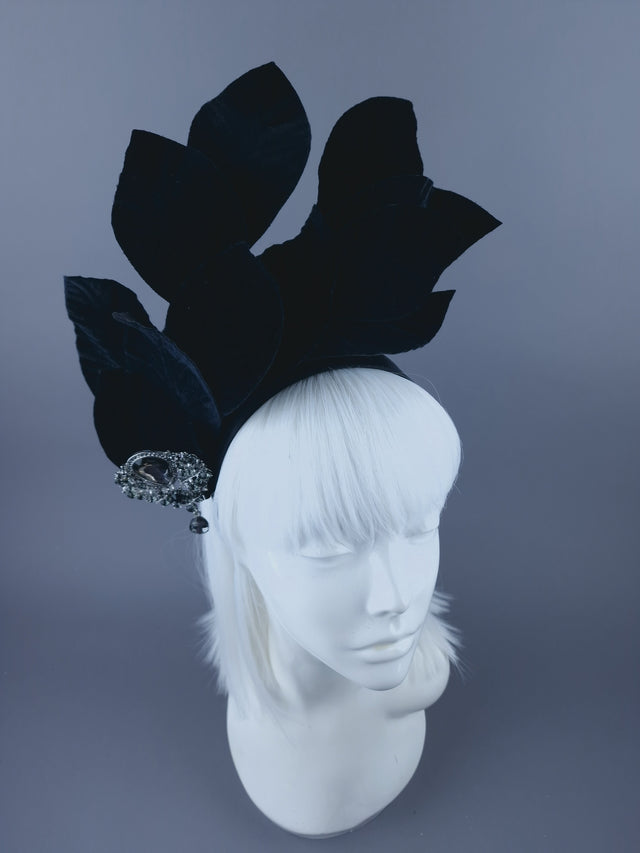 "Cristal" Black Velvet Leaf Headdress with Jewel