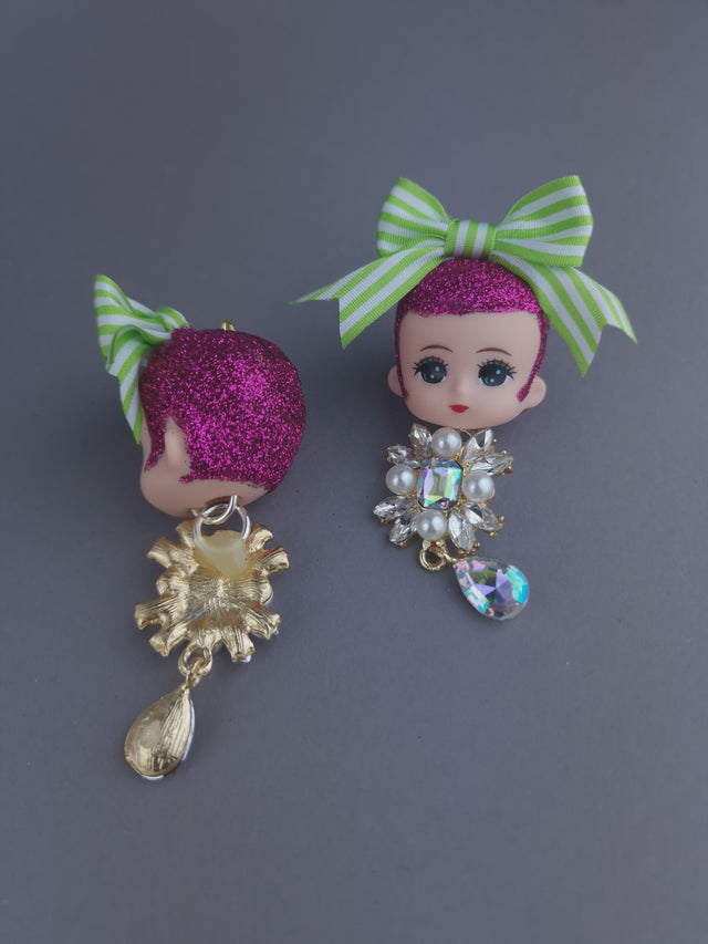 Doll Head, Bow & Jewel Earrings