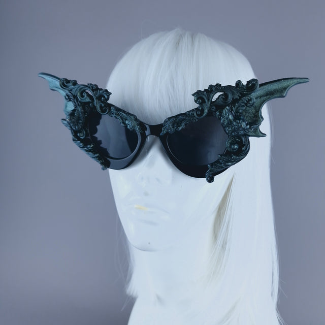 "Bathory" Iridescent Teal Filigree Ornate Bat Wing & Cherub Sunglasses