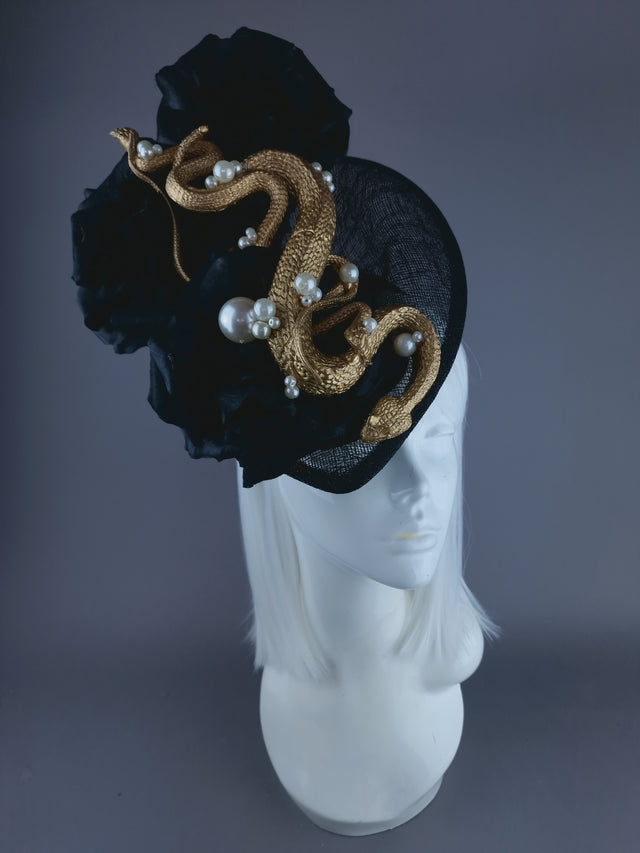 "Serpentt" Black Rose, Gold Snake & Pearl Fascinator Hat