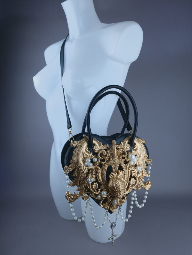 "Tullia" Gold Filigree & Pearl Heart Shaped Handbag