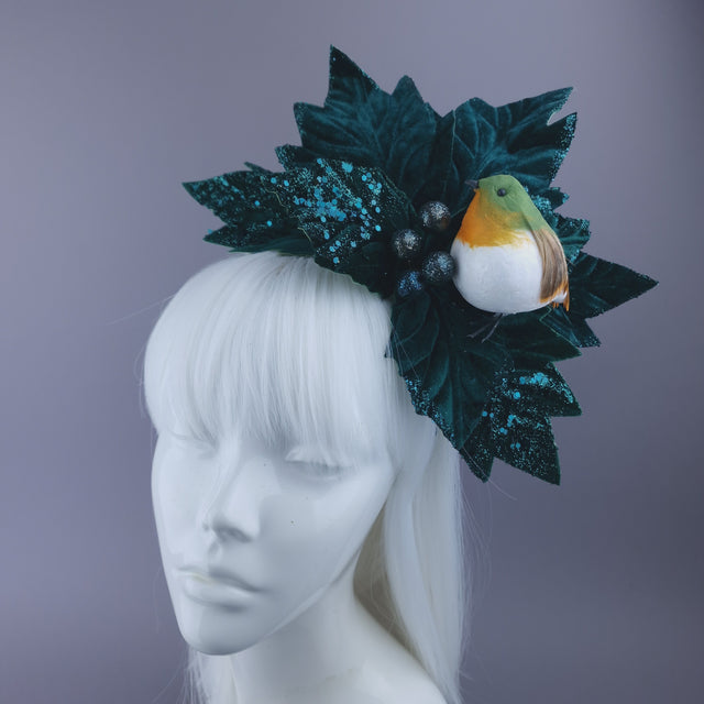 Large Velvet Poinsettia & Robin Xmas Headdress