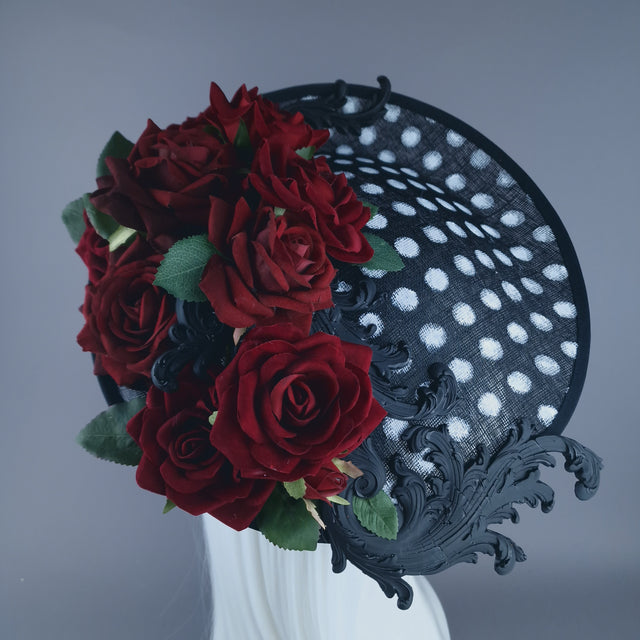 "Alaric" Red Roses, Filigree Black & White Polka Dot Fascinator Hat