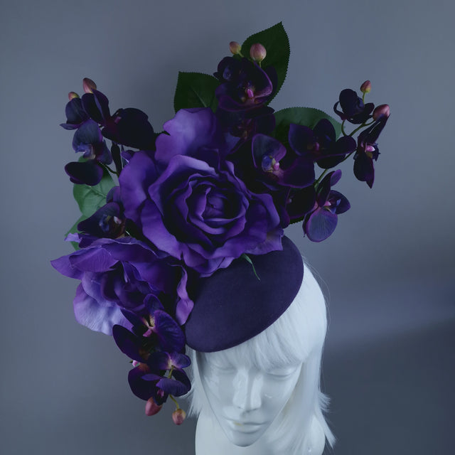 "Amoret" Purple Giant Rose & Orchid Fascinator Hat