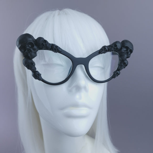 Pearls & Swine: Black Skull Cateye Sunglasses with Clear or Prescription Lenses