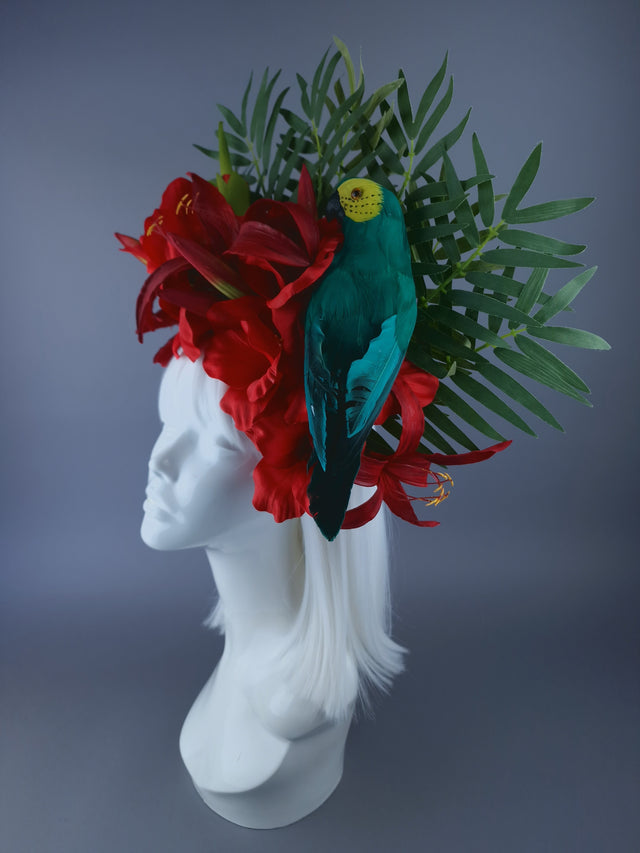 "Alamea" Tropical Red Flowers, Leaf & Parrot Headdress