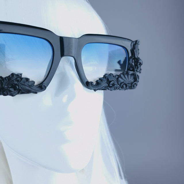 "Poe" Unisex Black Filigree Skull Sunglasses
