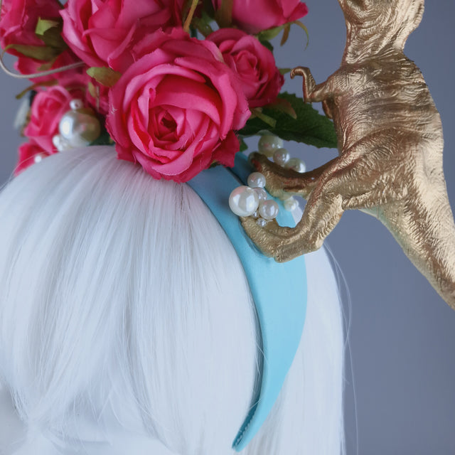 "Dainty" Dinosaur, Pearls & Pink Rose Headdress