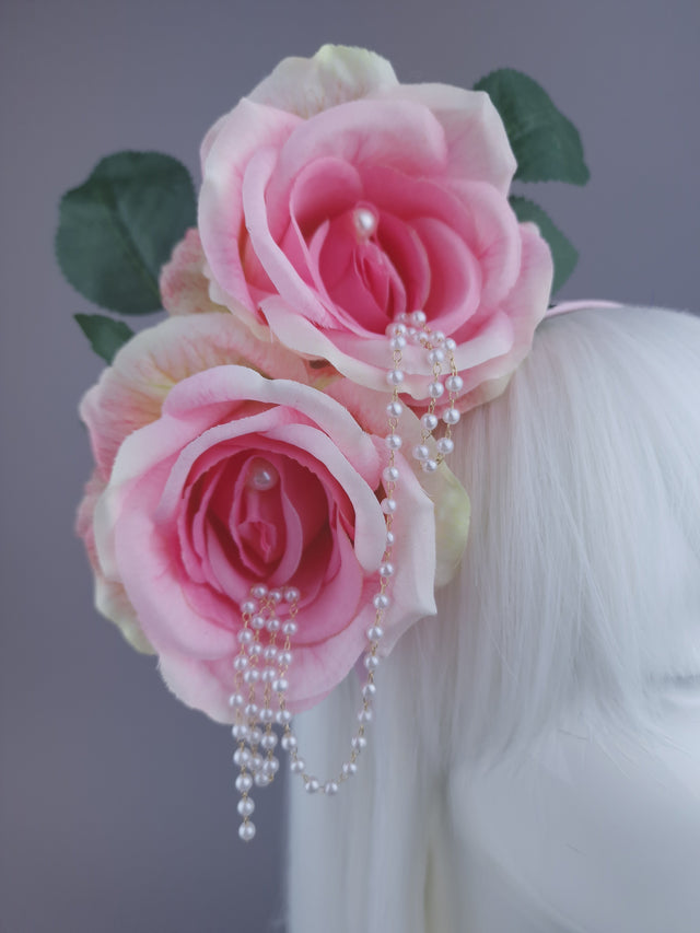 Pearls & Swine: Pink Rose & Pearl Flower Headdress "Fufu"