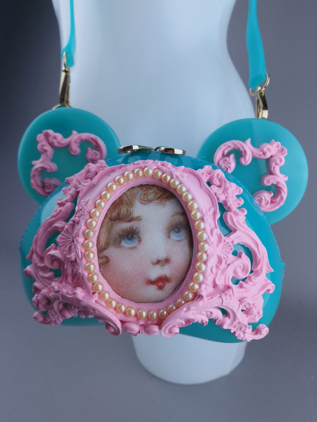 "Sweetpie" Teal Blue & Pink Filigree Teddy Shaped Handbag