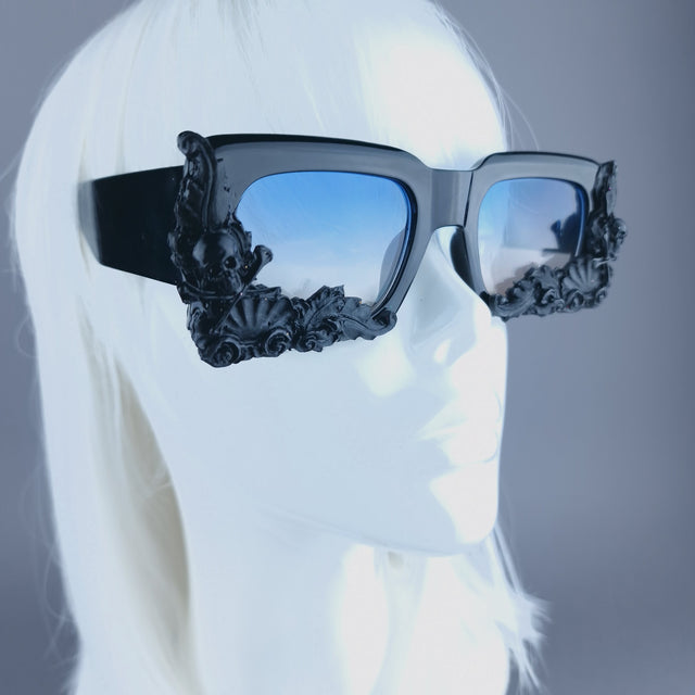 "Poe" Unisex Black Filigree Skull Sunglasses