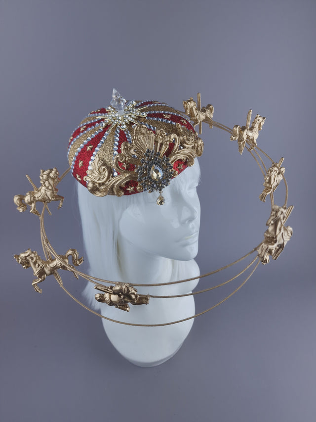 "Cirque Forever" Gold & Red Circus Carousel Wired Veil Hat