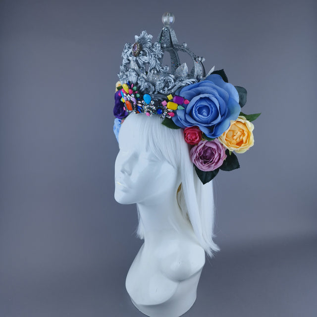 "Marie" Colourful Roses, Jewels & Silver Filigree Crown Headdress