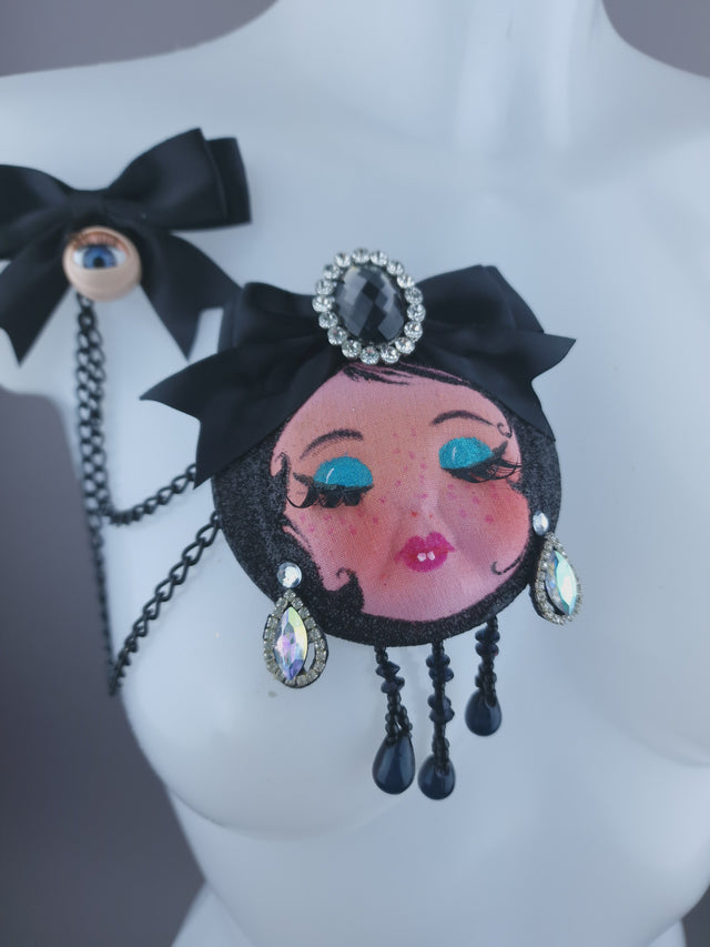 Dollface & Blinking Eye Necklace Brooch Jewellery