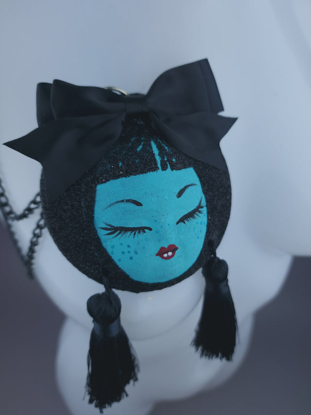 Blue Dollface & Blinking Eye Necklace Brooch Jewellery