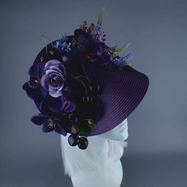 "Violet" Purple Orchid, Flowers & Cherry Fascinator Hat