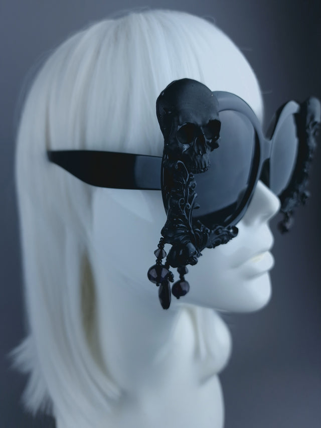 Pearls & Swine: Black Skull Oversized Sunglasses with Filigree & Beading "Keres"