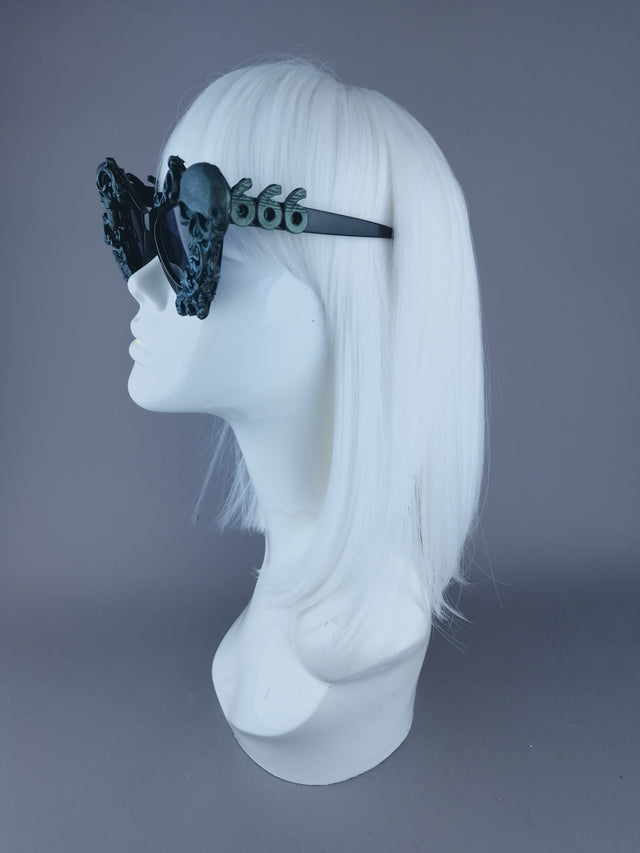 Pearls & Swine: Skull Cat Eye Sunglasses with Teal Filigree "Belial"