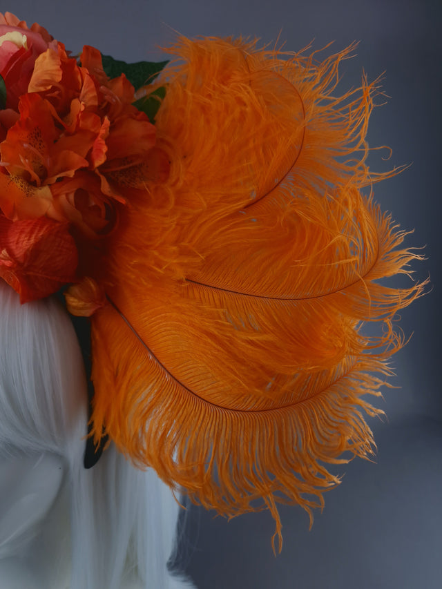 "Rise" Orange Flower & Feather Headdress