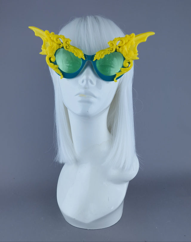 Pearls & Swine: Ornate Bat Wing Sunglasses with Teal & Yellow Filigree and Cherub "Bathory"