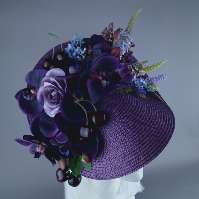 "Violet" Purple Orchid, Flowers & Cherry Fascinator Hat