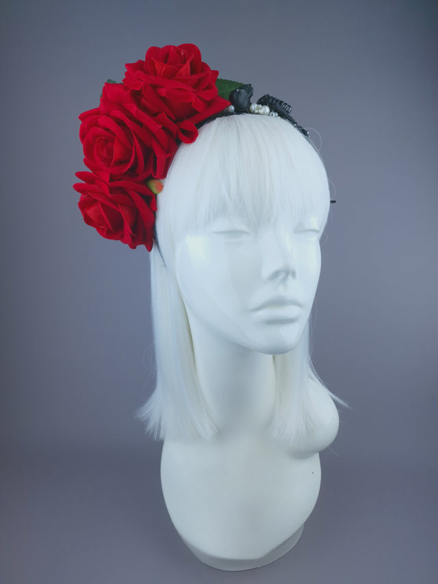 Pearls & Swine: Red Rose, Pearls & Skeleton Headband Headpiece "Buried"