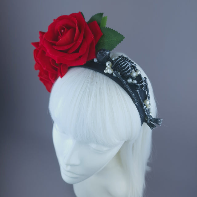 Pearls & Swine: Red Rose, Pearls & Skeleton Headband Headpiece "Buried"