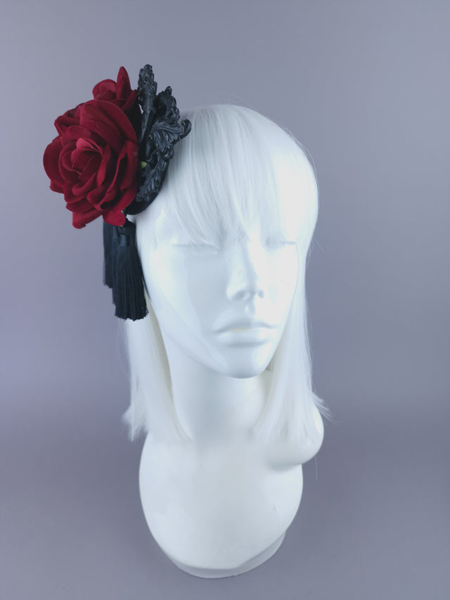 "Lola" Red Rose, Filigree & Tassle Mini Fascinator