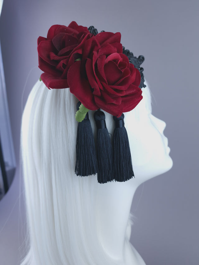 "Lola" Red Rose, Filigree & Tassle Mini Fascinator