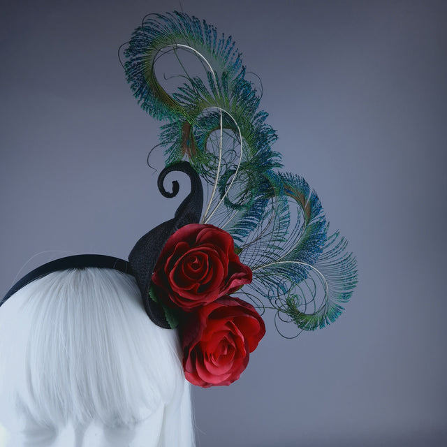"Sass" Red Rose & Peacock Feather Headdress