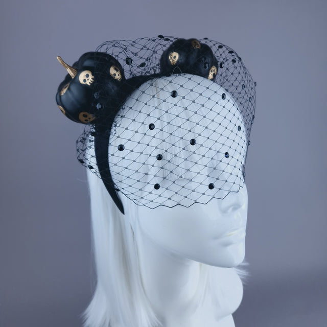 "Boo" Black & Gold Skull Pumpkin Ear Veil Headdress