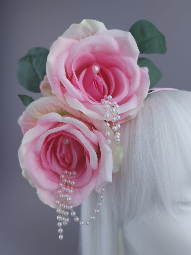 Pearls & Swine: Pink Rose & Pearl Flower Headdress "Fufu"