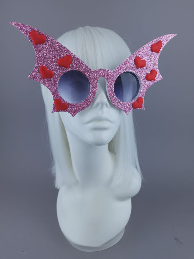 Peaeks & Swine: Pink Glitter & Red Heart Bat Wing Sunglasses "The Night Flier"