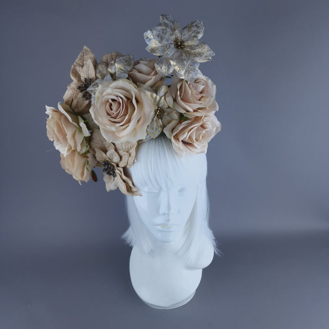 "Bernia" Beige & Gold Rose & Poinsettia Flower Headdress