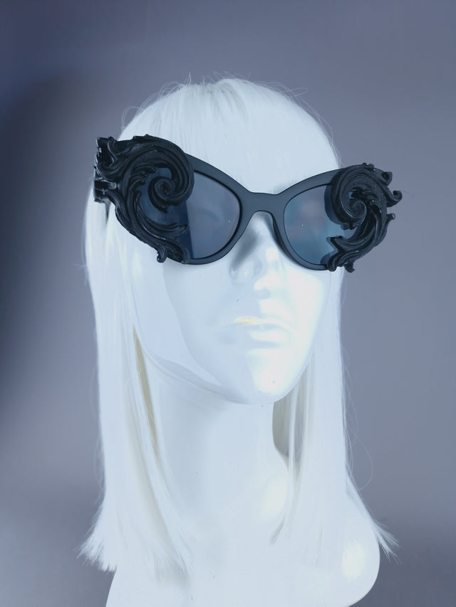 Pearls & Swine: Black Ornate Cat Eye Sunglasses with Filigree "Oriens"