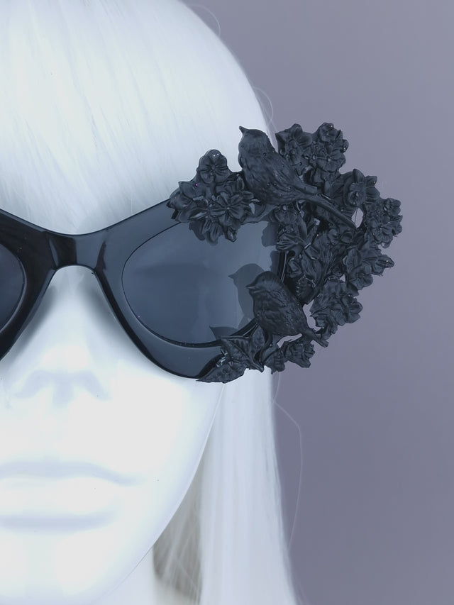 "Lilith" Black Bird & Flowers Filigree Catseye Sunglasses