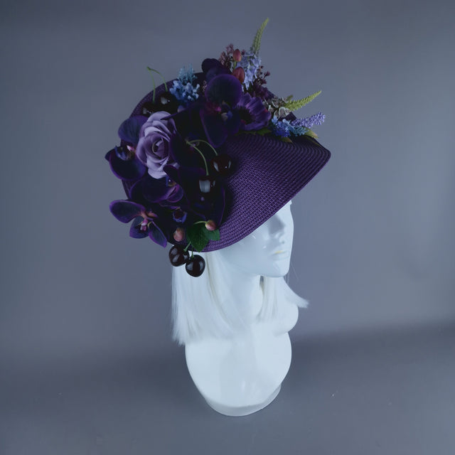 "Violet" Purple Orchid, Flowers & Cherry Fascinator Hat